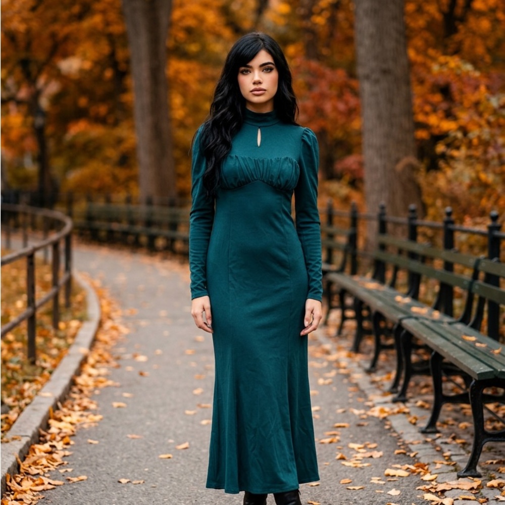 Lulu's Teal Long Sleeve Maxi Dress with High Neck